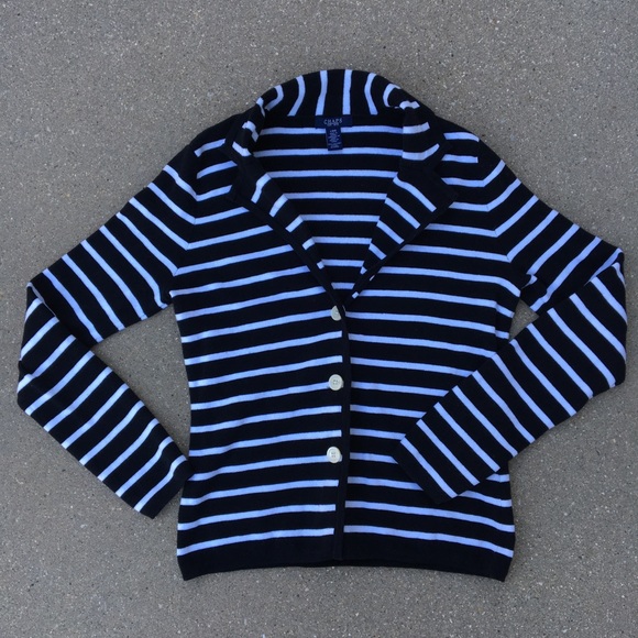Chaps Black & White Stripe Button Up Cardigan - Picture 2 of 6